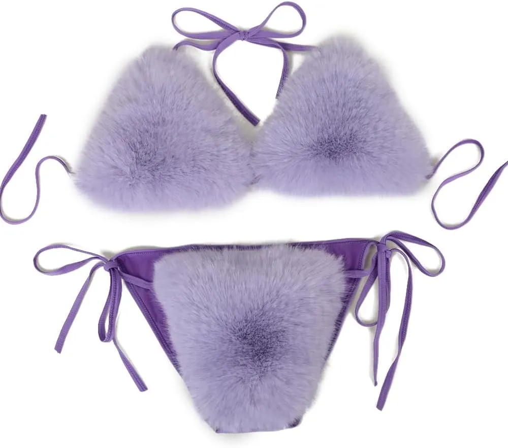 Womens Furry Faux Fur Bikini Sets Two Piece Halter String Triangle Swimsuits Bathing Suit