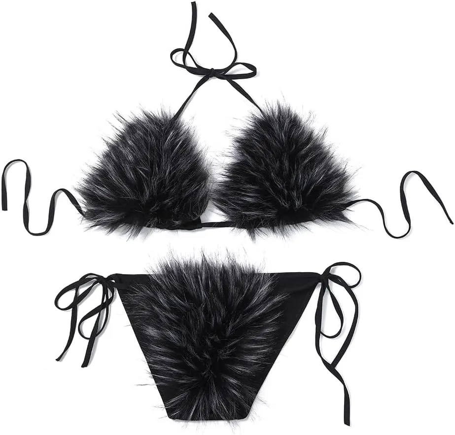 Womens Furry Faux Fur Bikini Sets Two Piece Halter String Triangle Swimsuits Bathing Suit
