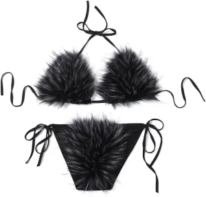 Womens Furry Faux Fur Bikini Sets Two Piece Halter String Triangle Swimsuits Bathing Suit