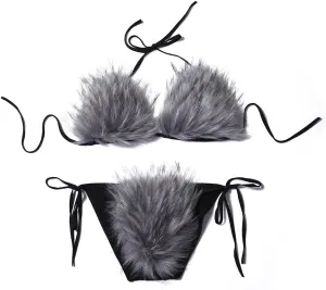Womens Furry Faux Fur Bikini Sets Two Piece Halter String Triangle Swimsuits Bathing Suit