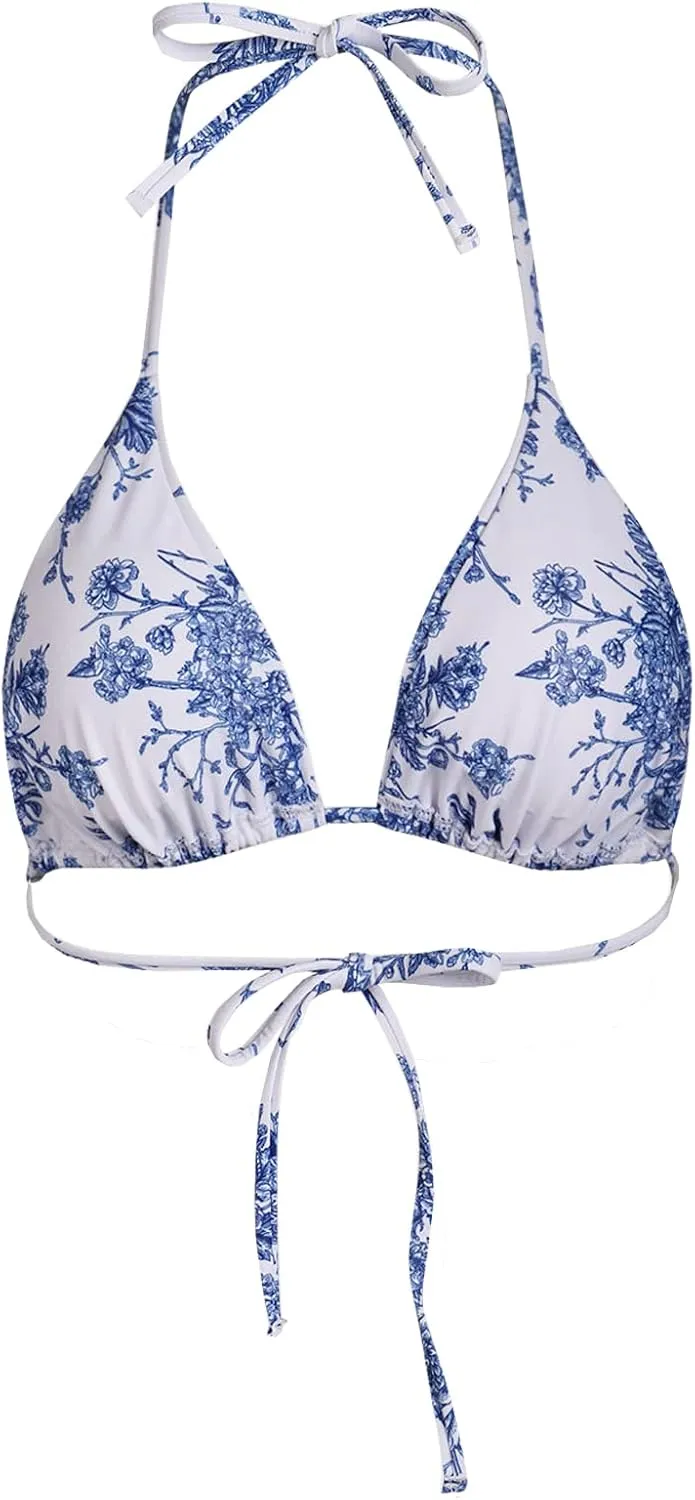 Women's Halter Reversible Bikini Top High Cut Tie Side Triangle String Bikini