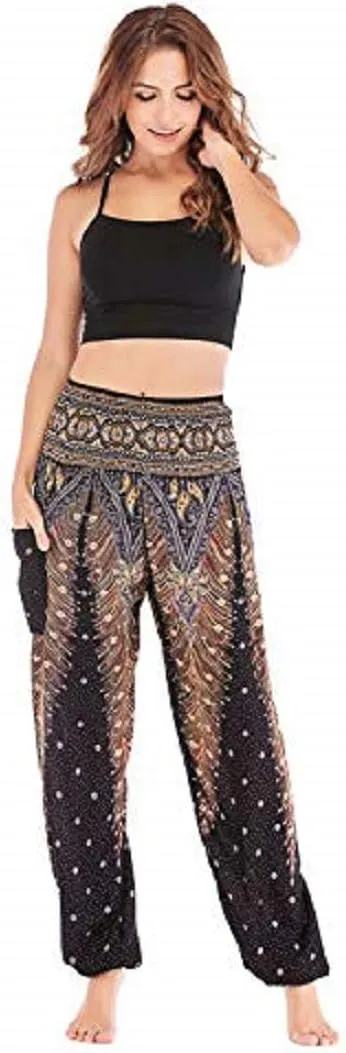 Women's Harem Hippie Pants Baggy Boho Patterned High Smocked Waist Yoga