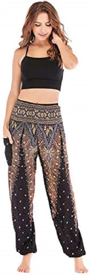 Women's Harem Hippie Pants Baggy Boho Patterned High Smocked Waist Yoga