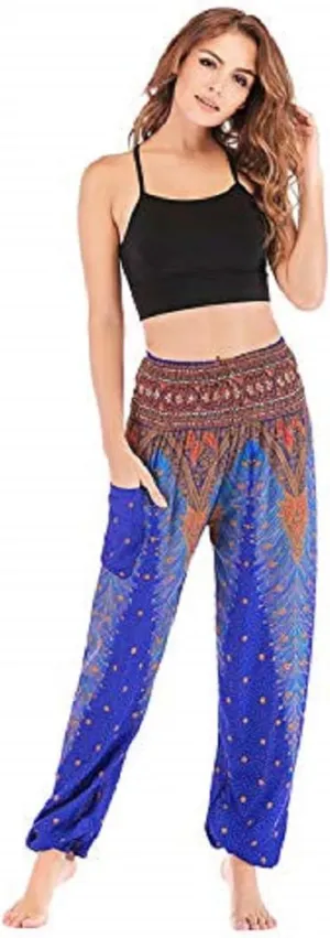 Women's Harem Hippie Pants Baggy Boho Patterned High Smocked Waist Yoga