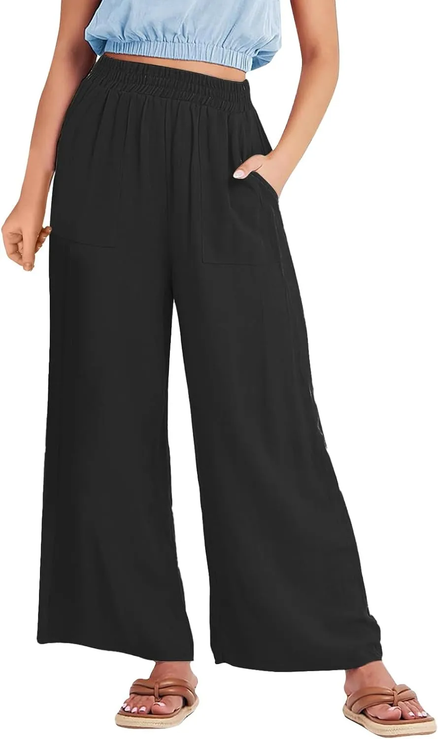 Womens Harem Pants Summer High Waisted Cotton Linen Palazzo Pants Wide Leg Long Lounge Trousers Loose Fit Work Trousers
