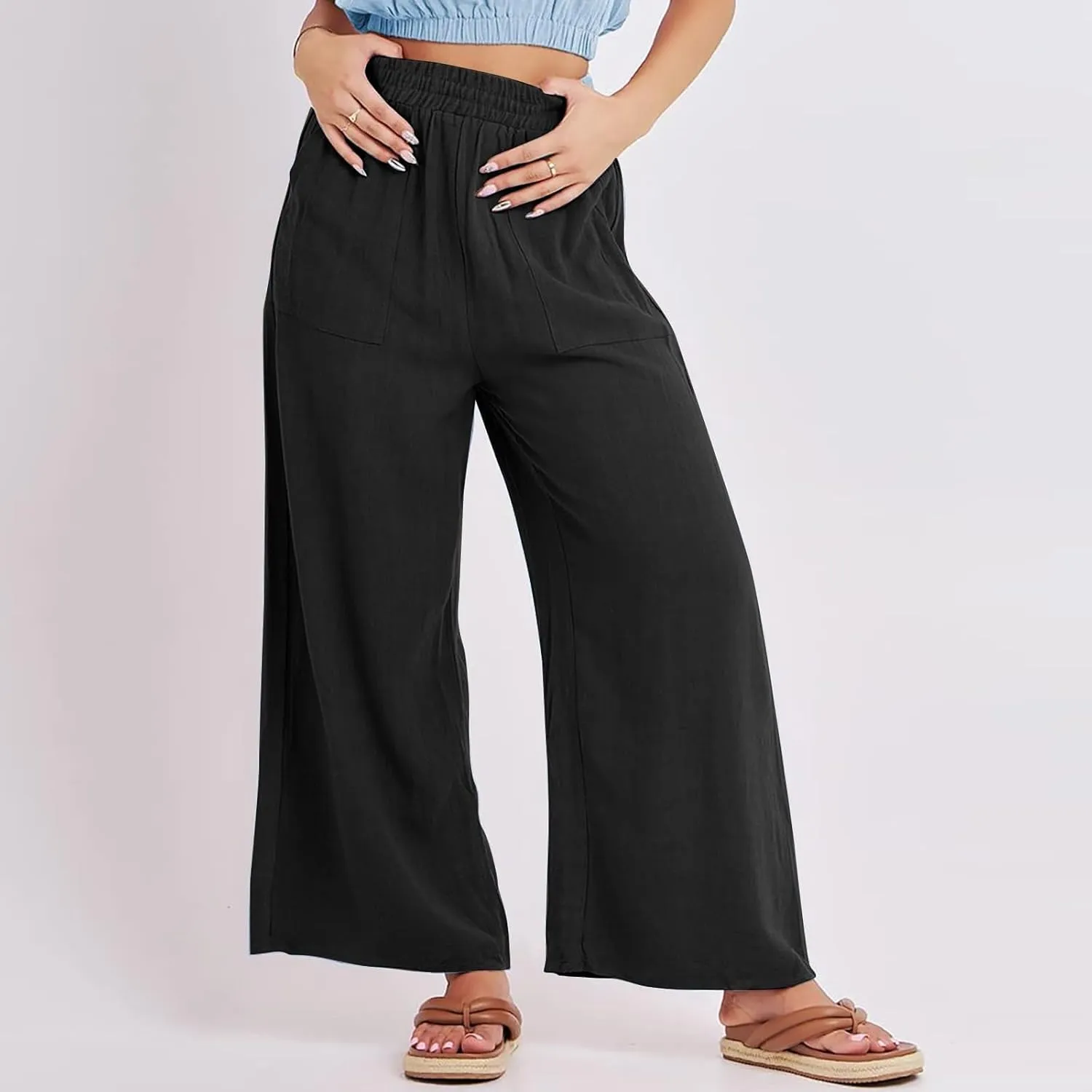 Womens Harem Pants Summer High Waisted Cotton Linen Palazzo Pants Wide Leg Long Lounge Trousers Loose Fit Work Trousers