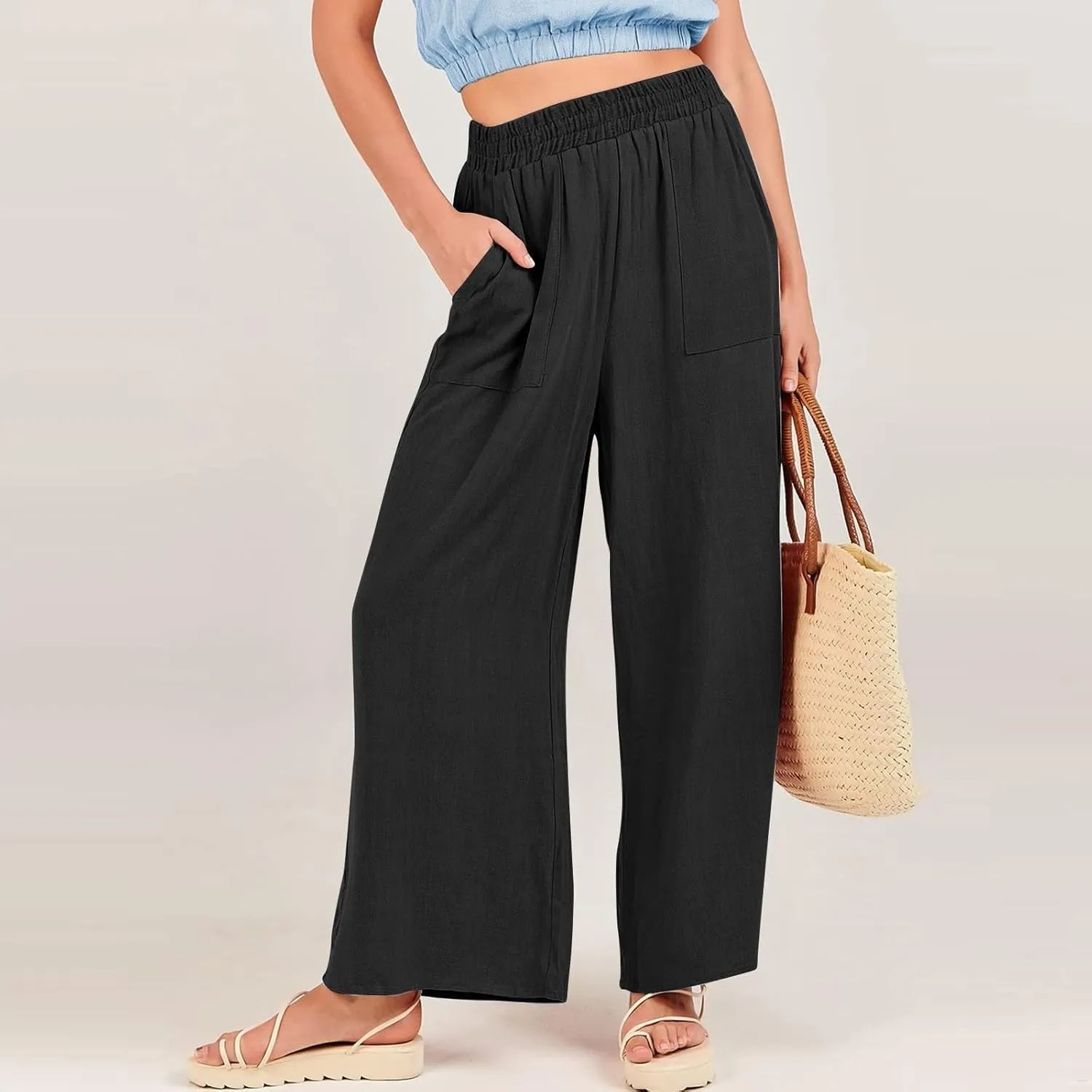 Womens Harem Pants Summer High Waisted Cotton Linen Palazzo Pants Wide Leg Long Lounge Trousers Loose Fit Work Trousers