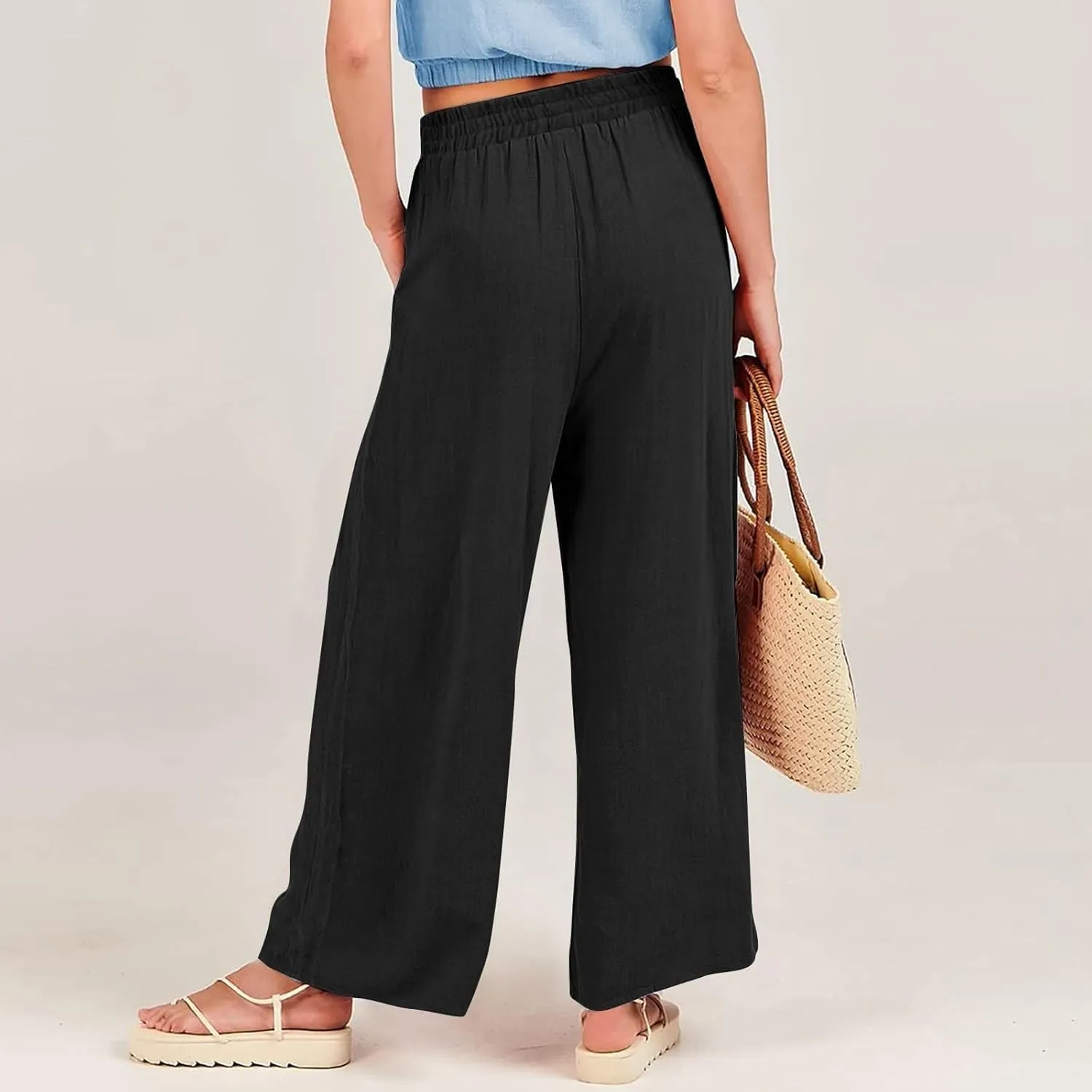 Womens Harem Pants Summer High Waisted Cotton Linen Palazzo Pants Wide Leg Long Lounge Trousers Loose Fit Work Trousers