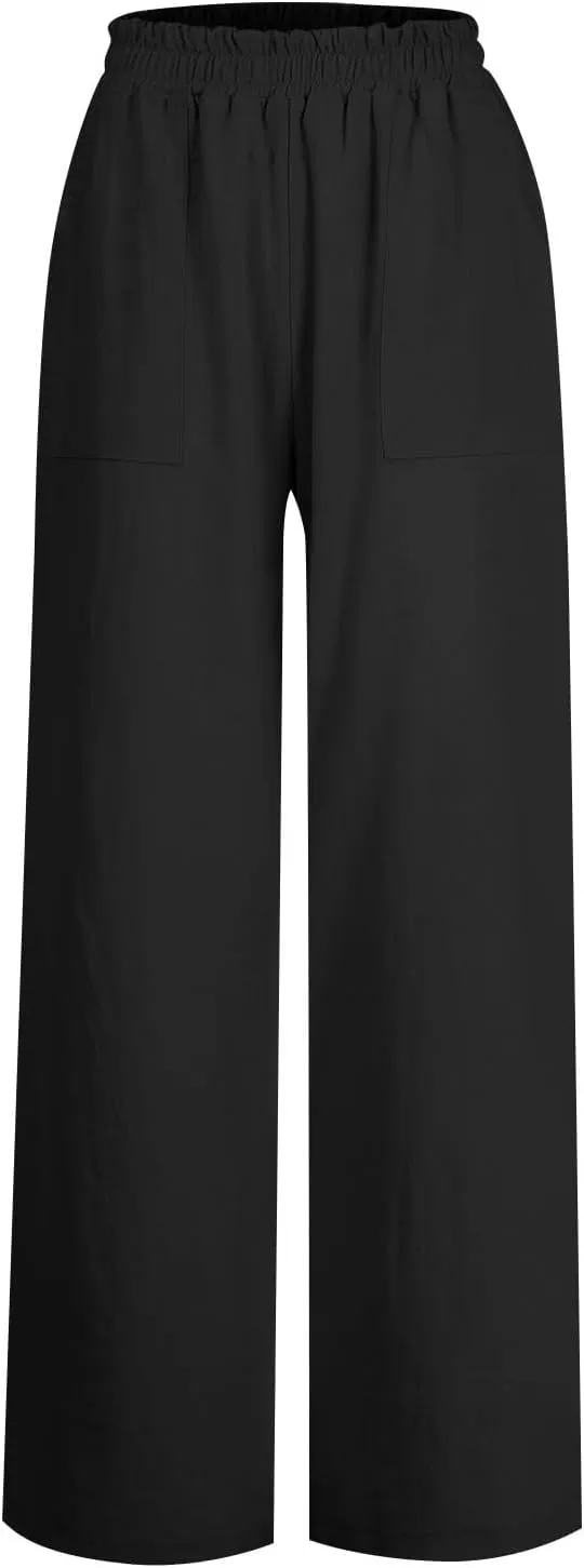 Womens Harem Pants Summer High Waisted Cotton Linen Palazzo Pants Wide Leg Long Lounge Trousers Loose Fit Work Trousers