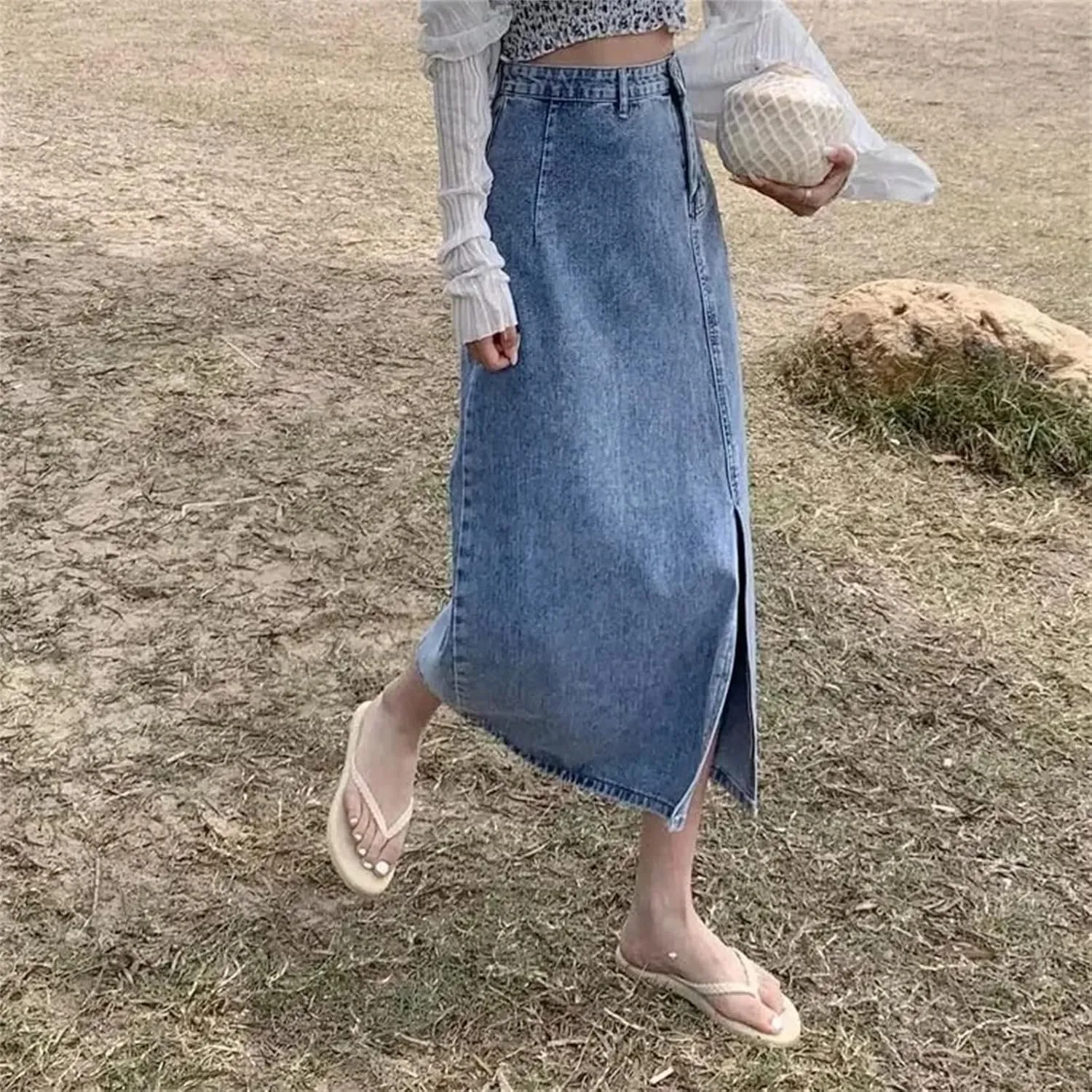 Women's High-Waisted Slimming Denim Skirt  Spring Summer Side Slit Medium-Length Casual Denim Midi Jean Skirt