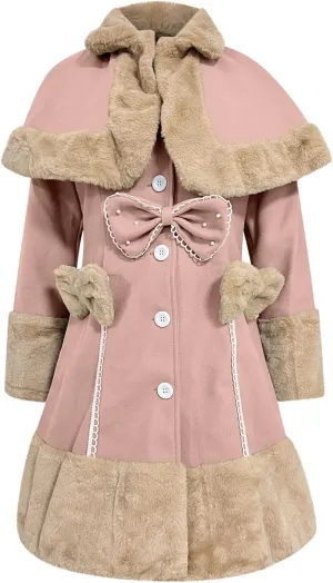 Women's Hood Woolen Cape Vintage Winter Fur Warm Long Sleeve Coat Dress Shawl Collar Bowknot Warm Coat with Pocket