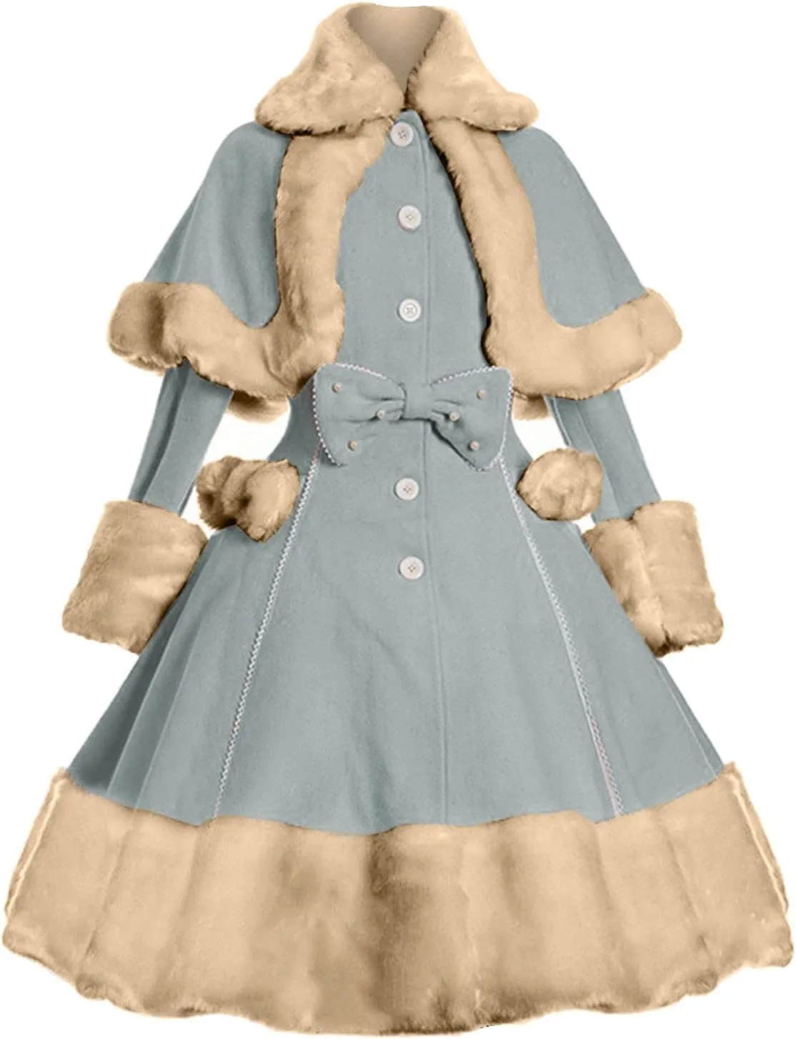 Women's Hood Woolen Cape Vintage Winter Fur Warm Long Sleeve Coat Dress Shawl Collar Bowknot Warm Coat with Pocket