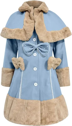 Women's Hood Woolen Cape Vintage Winter Fur Warm Long Sleeve Coat Dress Shawl Collar Bowknot Warm Coat with Pocket