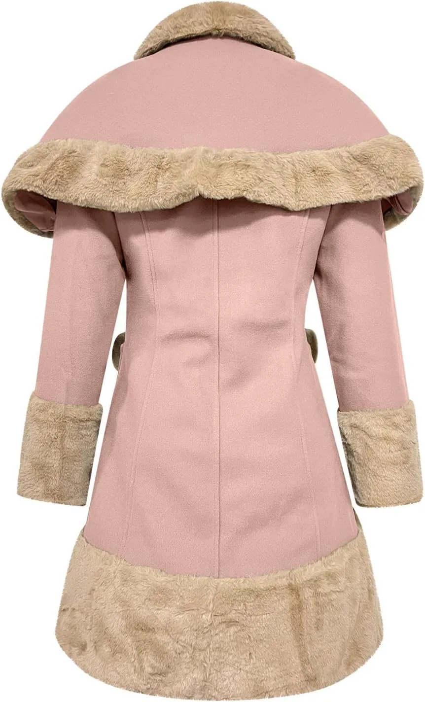 Women's Hood Woolen Cape Vintage Winter Fur Warm Long Sleeve Coat Dress Shawl Collar Bowknot Warm Coat with Pocket