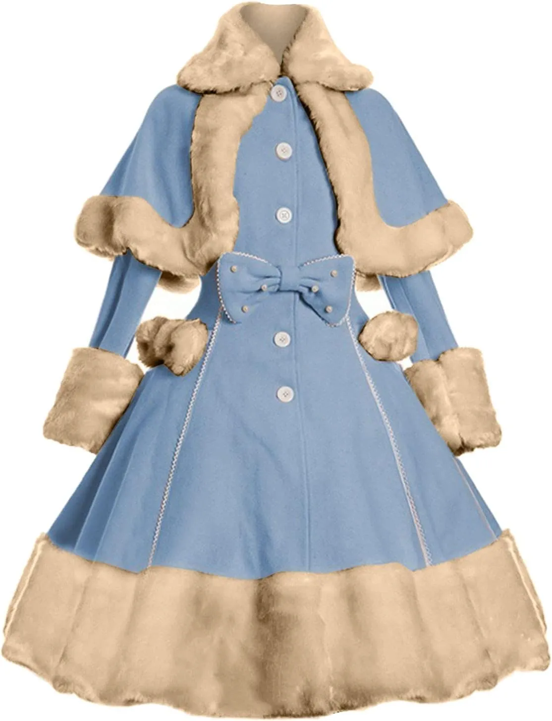 Women's Hood Woolen Cape Vintage Winter Fur Warm Long Sleeve Coat Dress Shawl Collar Bowknot Warm Coat with Pocket