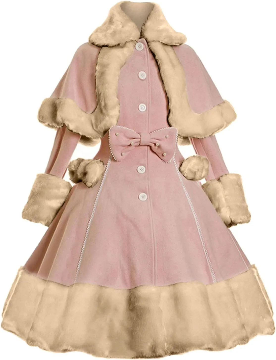 Women's Hood Woolen Cape Vintage Winter Fur Warm Long Sleeve Coat Dress Shawl Collar Bowknot Warm Coat with Pocket