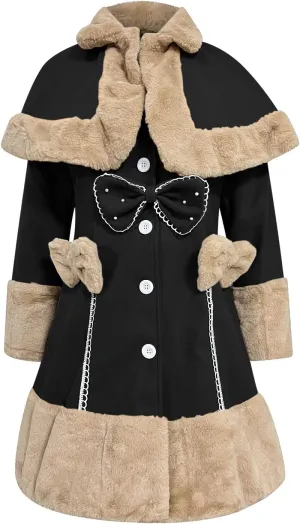 Women's Hood Woolen Cape Vintage Winter Fur Warm Long Sleeve Coat Dress Shawl Collar Bowknot Warm Coat with Pocket