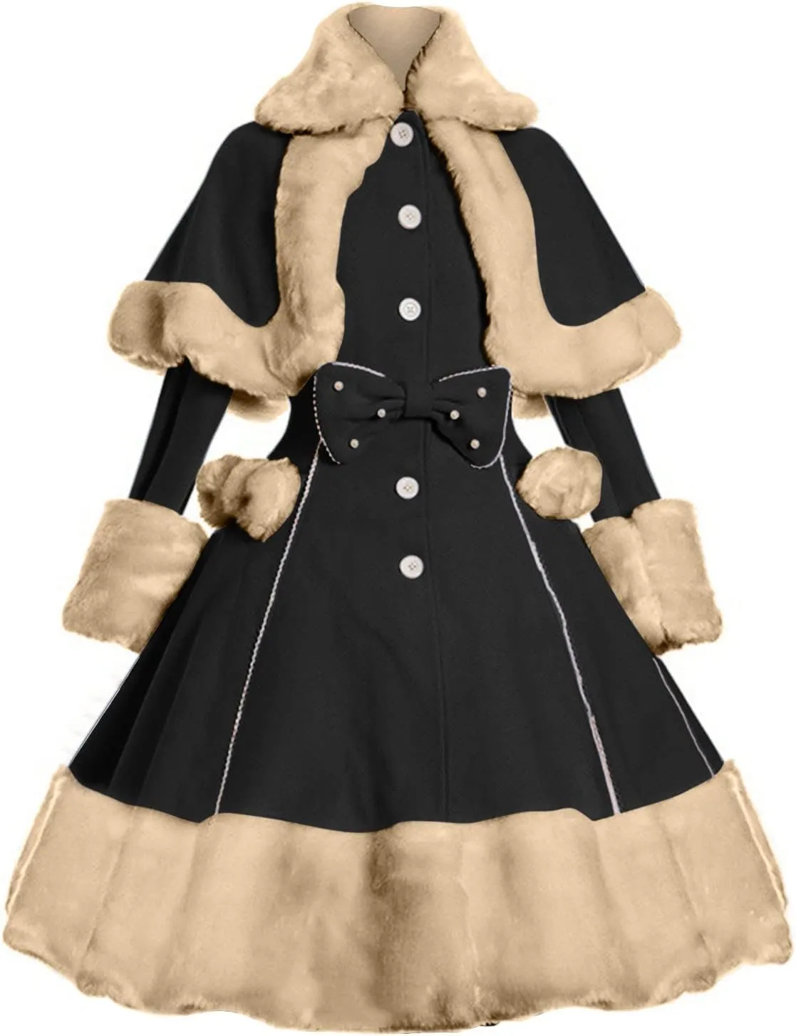Women's Hood Woolen Cape Vintage Winter Fur Warm Long Sleeve Coat Dress Shawl Collar Bowknot Warm Coat with Pocket