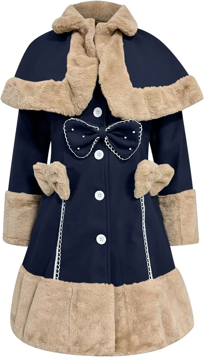 Women's Hood Woolen Cape Vintage Winter Fur Warm Long Sleeve Coat Dress Shawl Collar Bowknot Warm Coat with Pocket