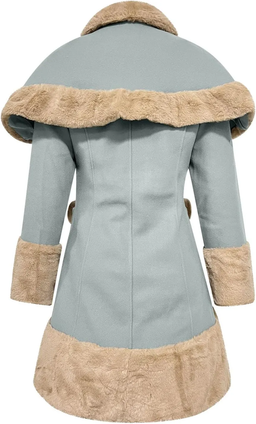 Women's Hood Woolen Cape Vintage Winter Fur Warm Long Sleeve Coat Dress Shawl Collar Bowknot Warm Coat with Pocket