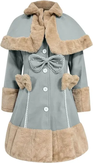 Women's Hood Woolen Cape Vintage Winter Fur Warm Long Sleeve Coat Dress Shawl Collar Bowknot Warm Coat with Pocket