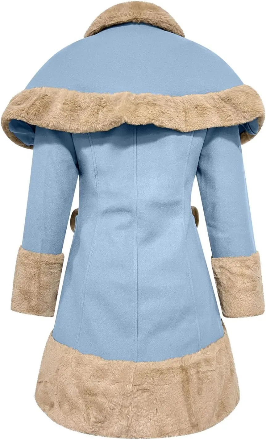 Women's Hood Woolen Cape Vintage Winter Fur Warm Long Sleeve Coat Dress Shawl Collar Bowknot Warm Coat with Pocket
