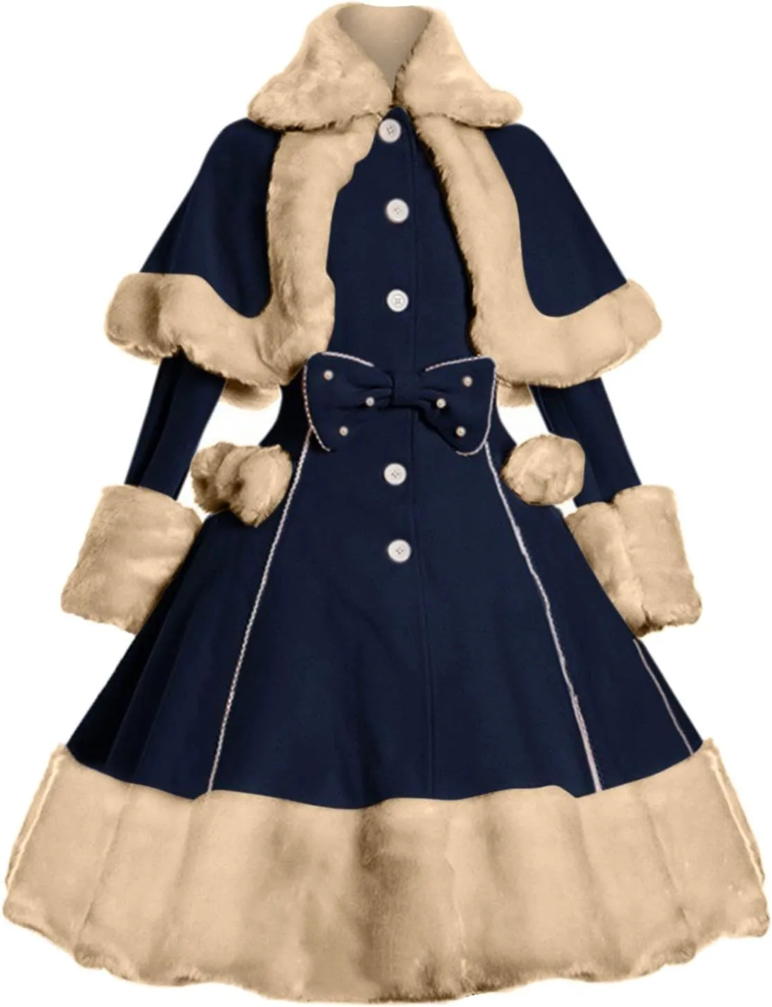 Women's Hood Woolen Cape Vintage Winter Fur Warm Long Sleeve Coat Dress Shawl Collar Bowknot Warm Coat with Pocket