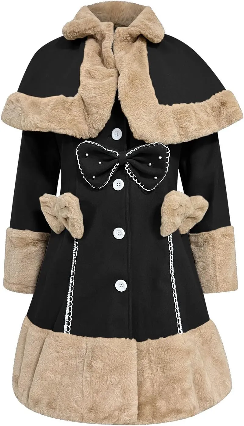 Women's Hood Woolen Cape Vintage Winter Fur Warm Long Sleeve Coat Dress Shawl Collar Bowknot Warm Coat with Pocket