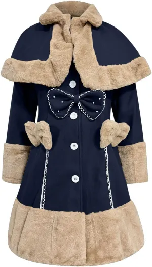 Women's Hood Woolen Cape Vintage Winter Fur Warm Long Sleeve Coat Dress Shawl Collar Bowknot Warm Coat with Pocket