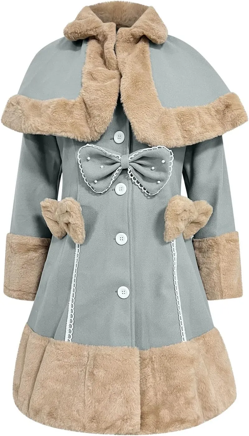 Women's Hood Woolen Cape Vintage Winter Fur Warm Long Sleeve Coat Dress Shawl Collar Bowknot Warm Coat with Pocket