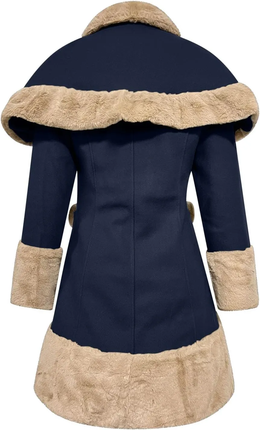 Women's Hood Woolen Cape Vintage Winter Fur Warm Long Sleeve Coat Dress Shawl Collar Bowknot Warm Coat with Pocket