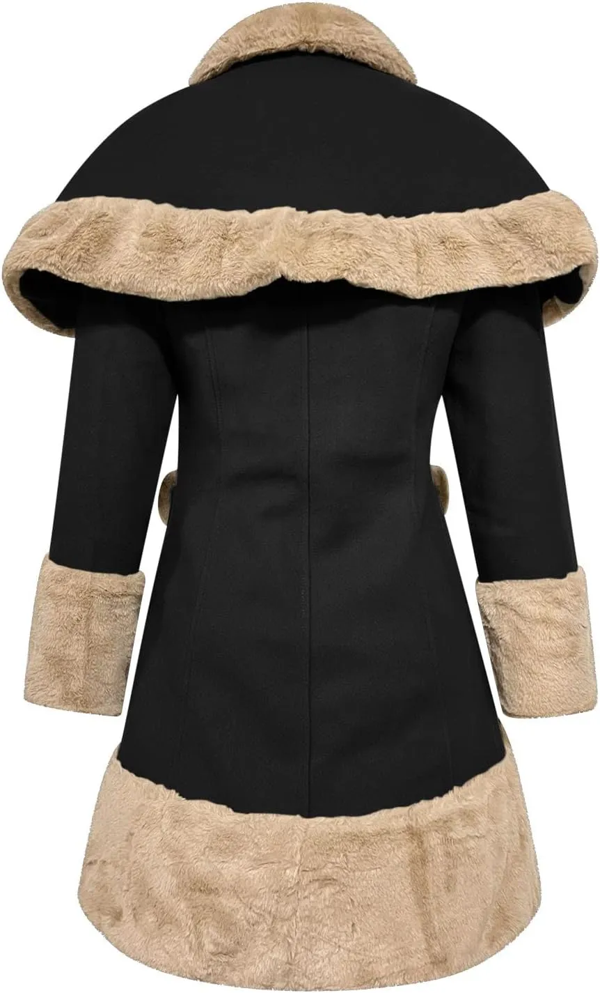 Women's Hood Woolen Cape Vintage Winter Fur Warm Long Sleeve Coat Dress Shawl Collar Bowknot Warm Coat with Pocket