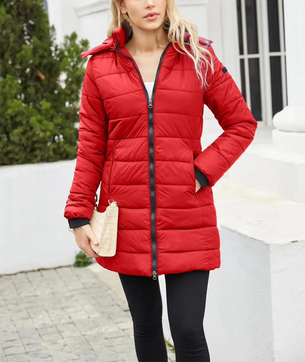 Women's Hooded Stand Collar Cotton-Padded Jacket Detachable Cap Warm Casual Parka Coat