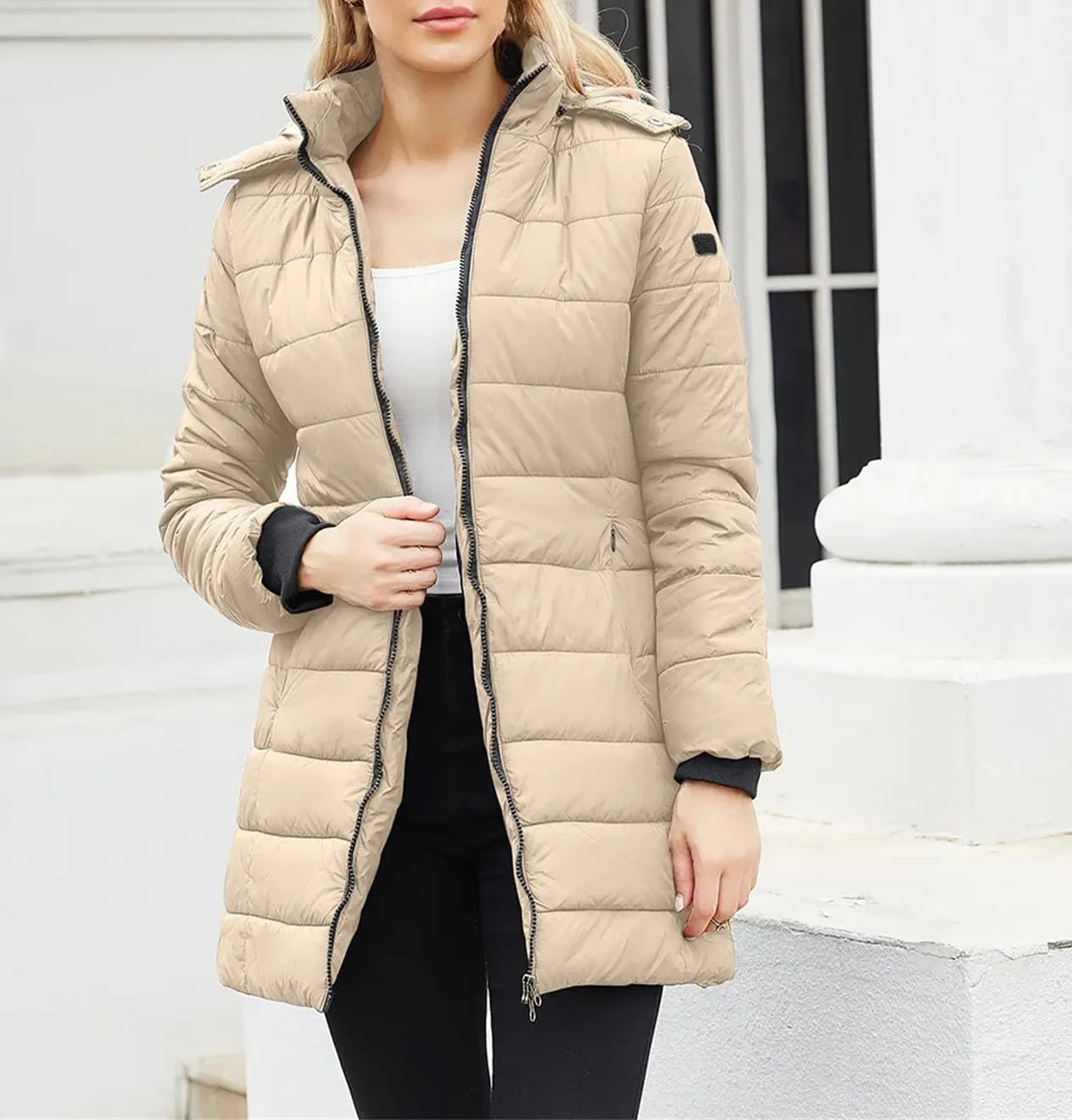 Women's Hooded Stand Collar Cotton-Padded Jacket Detachable Cap Warm Casual Parka Coat