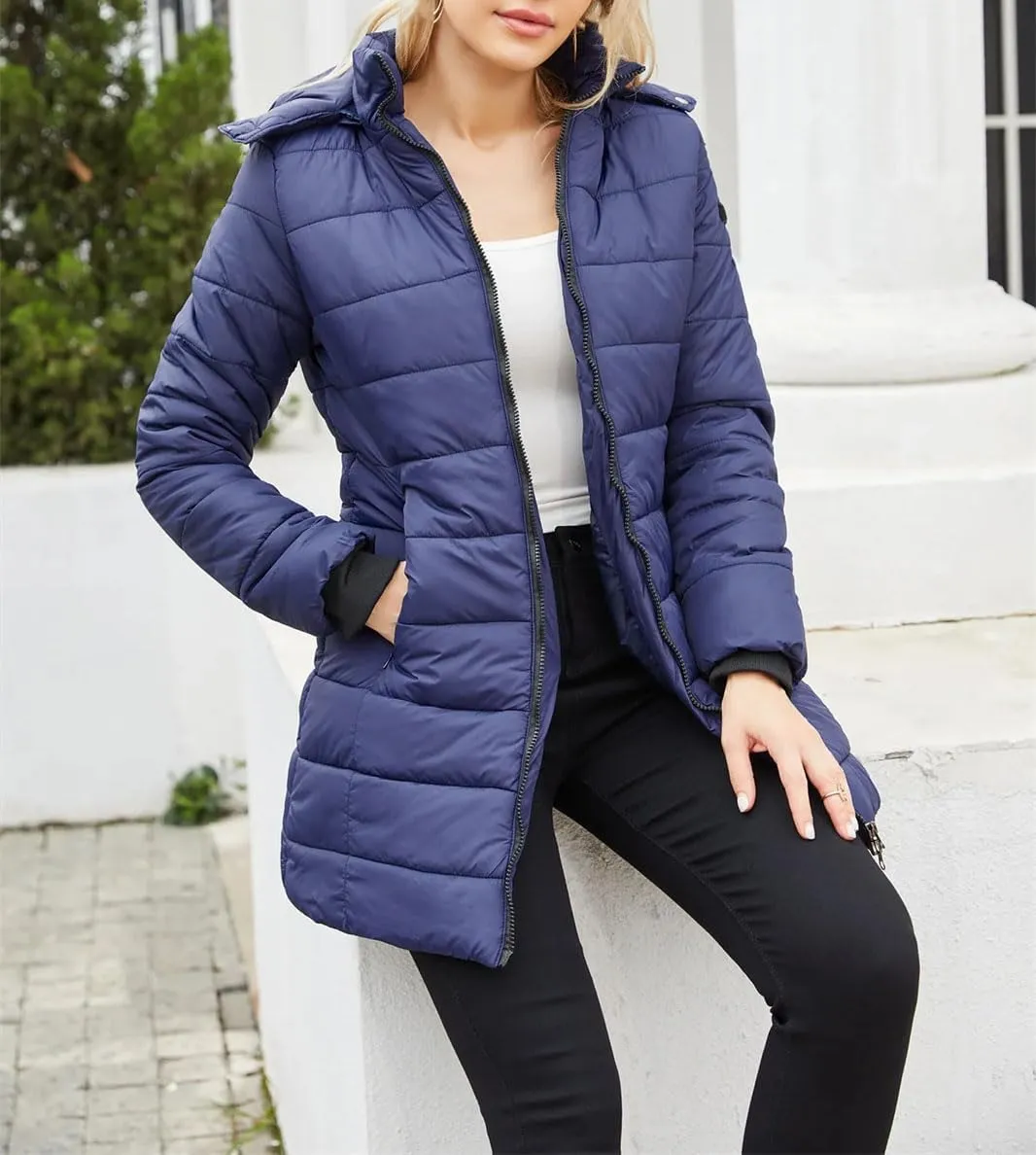 Women's Hooded Stand Collar Cotton-Padded Jacket Detachable Cap Warm Casual Parka Coat
