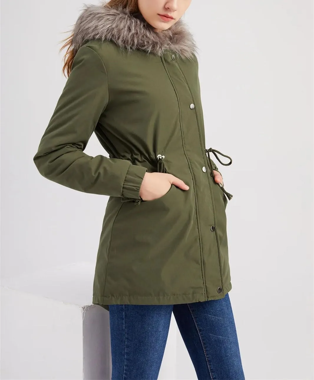Women's Hooded Zipper Cotton-Padded Jacket Casual Warm Drawstring Waist Parka Coat