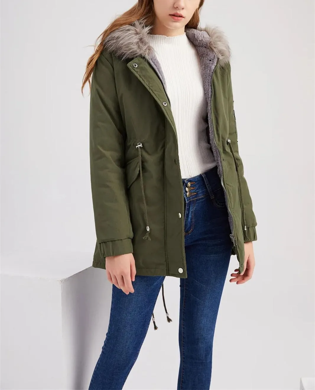 Women's Hooded Zipper Cotton-Padded Jacket Casual Warm Drawstring Waist Parka Coat