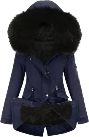 Women's Hooded Zipper Cotton-Padded Jacket Casual Warm Drawstring Waist Parka Coat