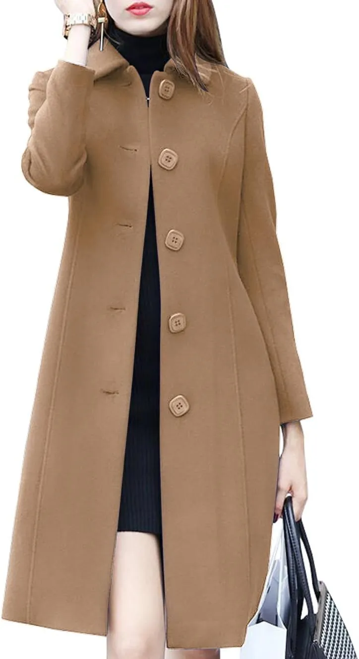 Women's Lapel Single Breasted Mid-Long Classic Solid Color Slim Fit Wool Blend Coat