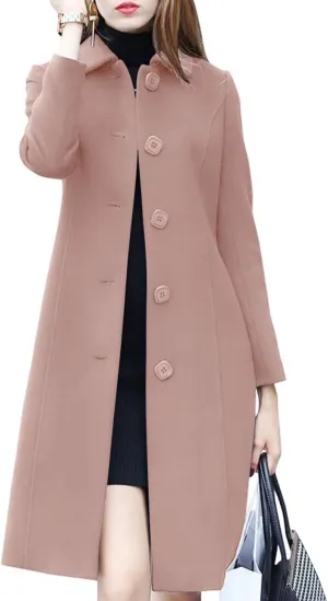 Women's Lapel Single Breasted Mid-Long Classic Solid Color Slim Fit Wool Blend Coat