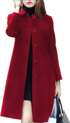 Women's Lapel Single Breasted Mid-Long Classic Solid Color Slim Fit Wool Blend Coat