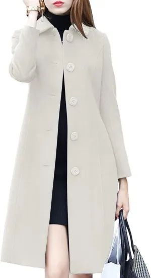 Women's Lapel Single Breasted Mid-Long Classic Solid Color Slim Fit Wool Blend Coat