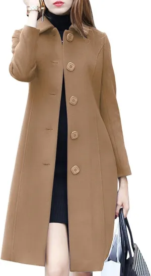 Women's Lapel Single Breasted Mid-Long Classic Solid Color Slim Fit Wool Blend Coat