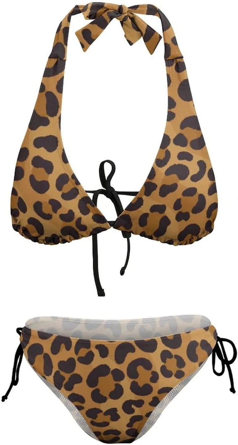 Women's Leopard Print Swimsuit Halter Padded Top Tie Side Bottom Triangle Bikini Sets