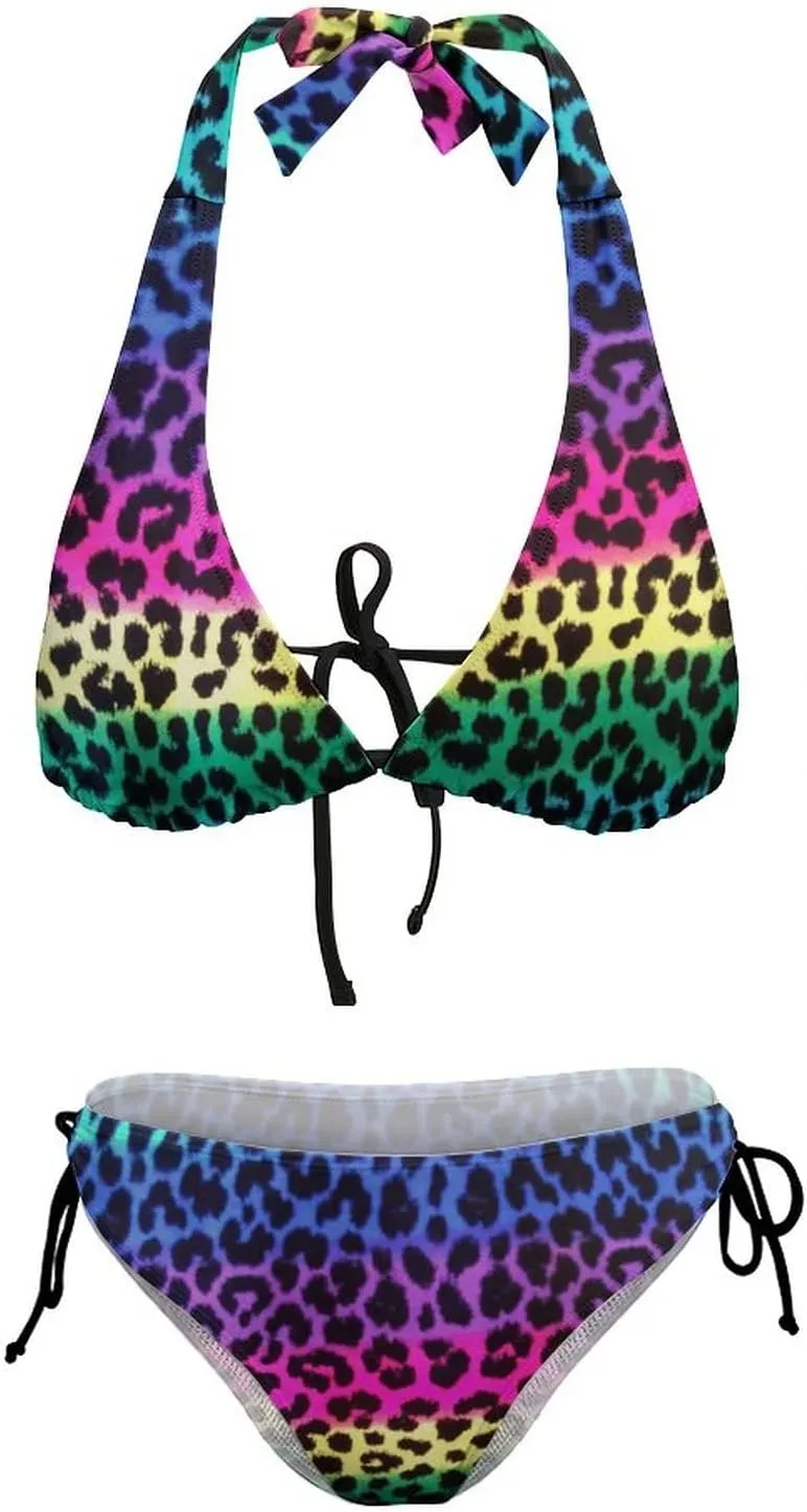 Women's Leopard Print Swimsuit Halter Padded Top Tie Side Bottom Triangle Bikini Sets