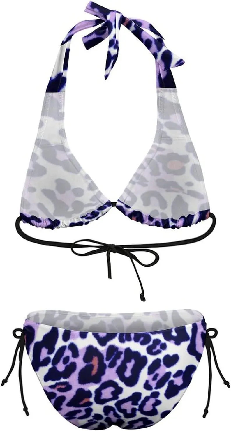 Women's Leopard Print Swimsuit Halter Padded Top Tie Side Bottom Triangle Bikini Sets