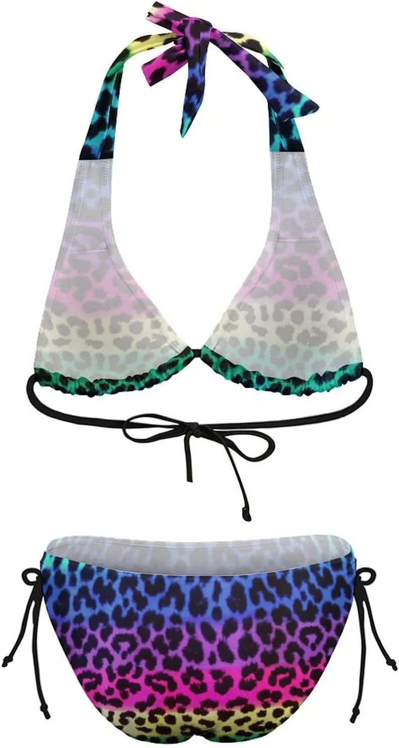 Women's Leopard Print Swimsuit Halter Padded Top Tie Side Bottom Triangle Bikini Sets