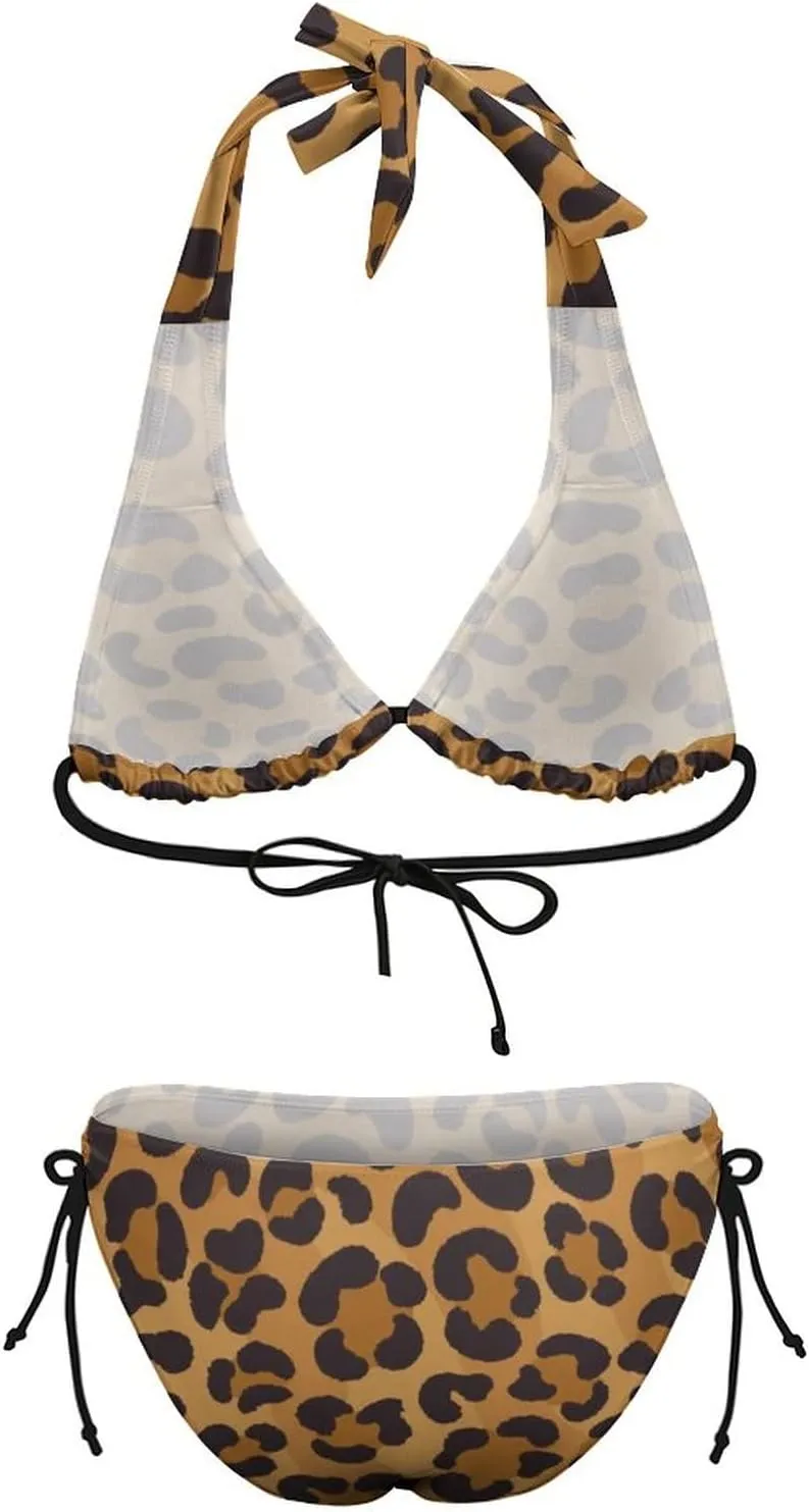 Women's Leopard Print Swimsuit Halter Padded Top Tie Side Bottom Triangle Bikini Sets