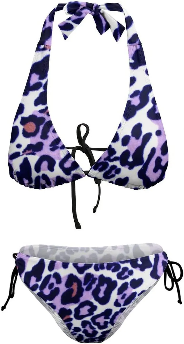 Women's Leopard Print Swimsuit Halter Padded Top Tie Side Bottom Triangle Bikini Sets