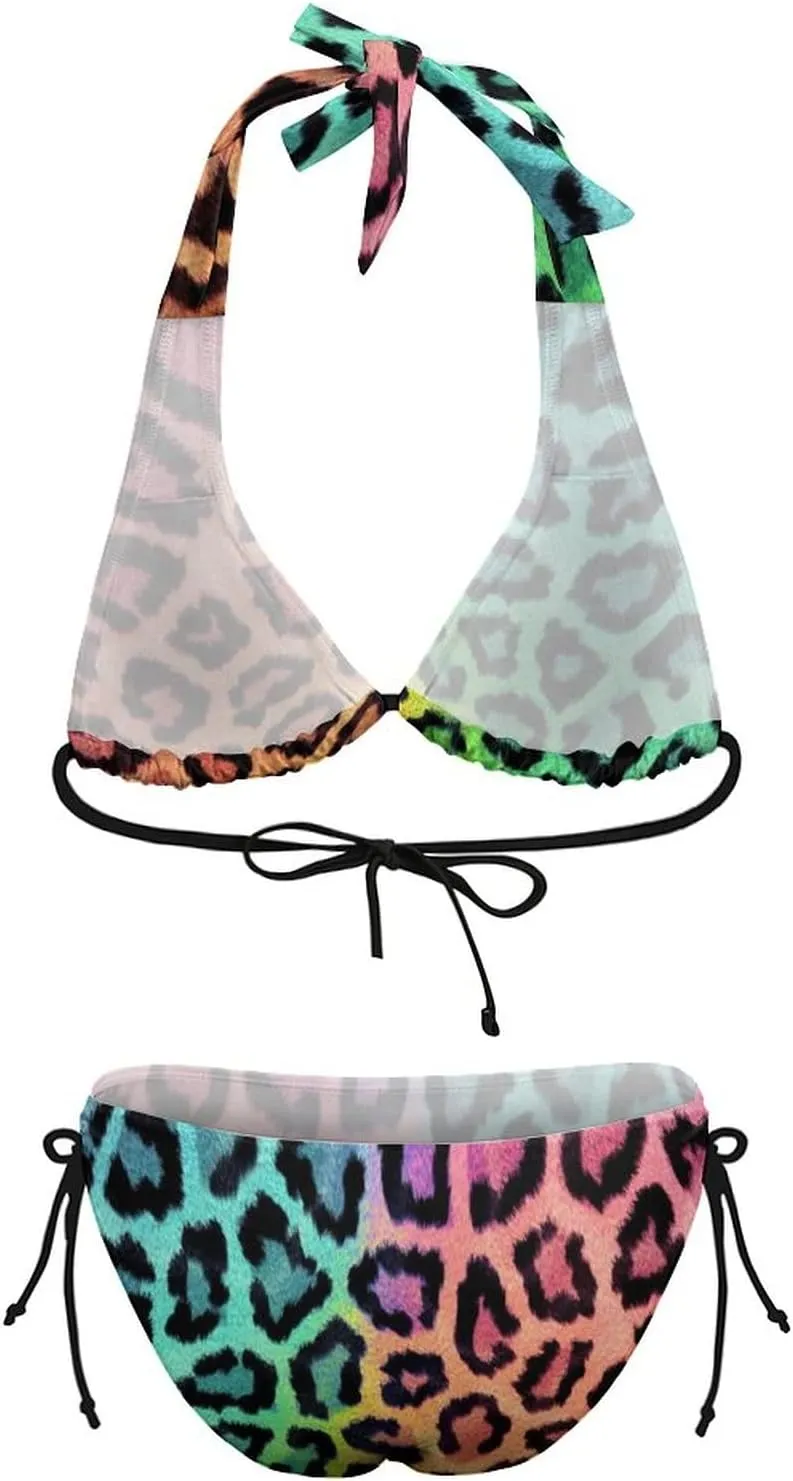 Women's Leopard Print Swimsuit Halter Padded Top Tie Side Bottom Triangle Bikini Sets